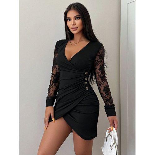 Kadın Uzun Kollu Kruvaze Yaka Beli Düğme Detay Krep Elbise