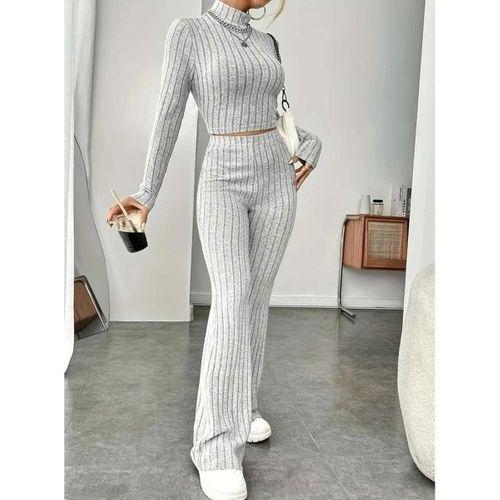 Kadın Uzun Kollu Balıkçı Yaka Krop Ve Pantolon şardonlu Kaşkorse Ikili Takım