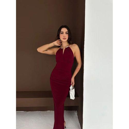 Uzun Abiye Elbise Yırtmaçlı Sırt Dekolteli Şık Gece Elbisesi - Bordo