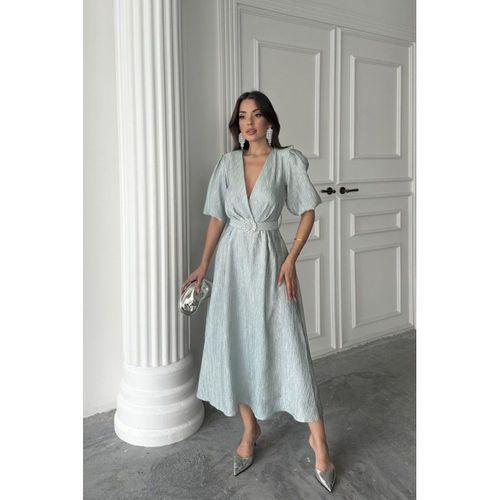 Mint Işıltılı Kemerli Kruvaze Elbise