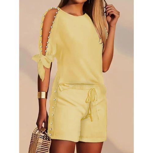 Kadın Kısa Kollu Bisiklet Yaka Yarı Açık Omuz Inci Detaylı Short T-shirt Viskon Ikili Takım