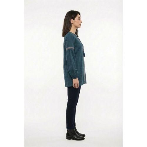 Uzun Kol Dicle Bağcıklı V Yaka Yazlık Şile Bezi Tunik Petrol Ptrl