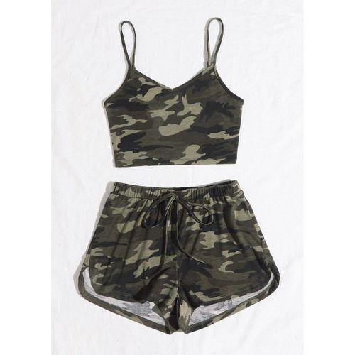 Kadın Kamuflaj Desenli Askılı Crop Top Ve Şortlu Gecelik Takım