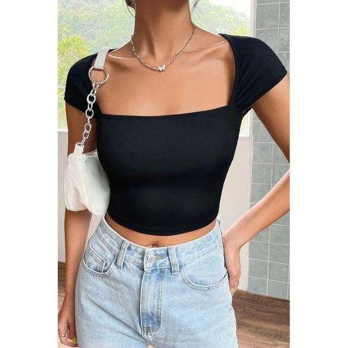 Kadın Siyah Modern Fit Kare Yaka Yarım Kol Göğüs Dekolteli Crop Top Bluz