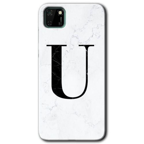 Huawei Y5P Kılıf HD Desen Baskılı Arka Kapak - Beyaz Mermer Desenli U Harfi + Kırılmaz Cam