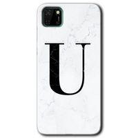 Huawei Y5P Kılıf HD Desen Baskılı Arka Kapak - Beyaz Mermer Desenli U Harfi + Kırılmaz Cam