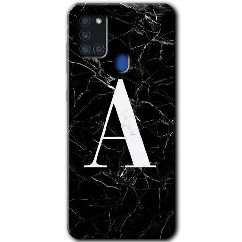 Samsung Galaxy A21s Kılıf Baskılı Kapak - Siyah Mermer Desenli A Harfi +Tam Kaplayan Mat Seramik