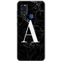 Samsung Galaxy A21s Kılıf Baskılı Kapak - Siyah Mermer Desenli A Harfi +Tam Kaplayan Mat Seramik