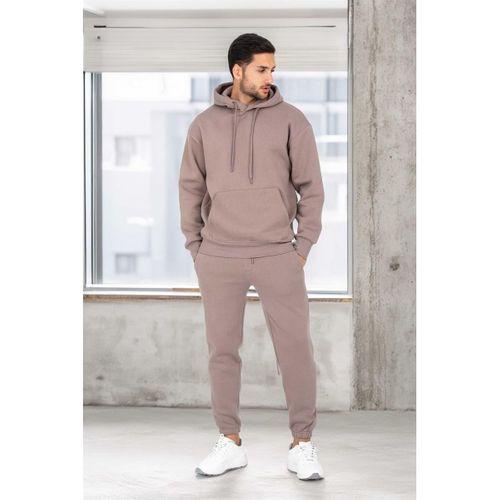 Şardonlu Kanguru Cepli Sweatshirt - 3 İplik Şardonlu Lastik Paça Erkek Eşofman Altı- Eşofman Takımı - Vizon