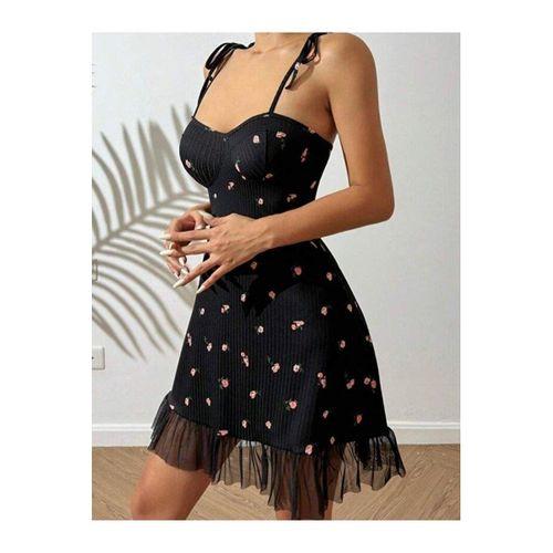 Kadın Siyah Pembe Gül Desenli Askılı Bağlamalı Dantel Detaylı Elbise 5072