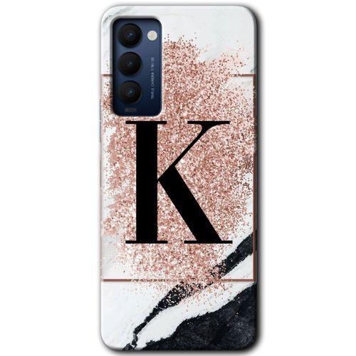Tecno Camon 18T HD Baskılı Kılıf + 9D Tam Ekran Koruyucu - Pembe Mermer Desenli K Harfi