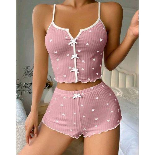 Kadın Pembe Kalp Desenli Askılı Şortlu Pijama Takımı Rahat Şık 2’li Set
