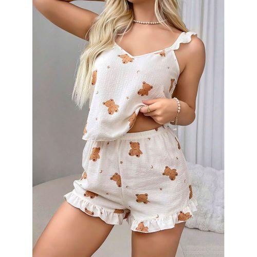 Pamuklu Ayıcık Desen Fırfırlı Askılı Şortlu Pijama Takımı