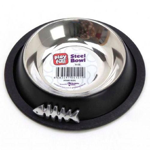 Playfull Balık Desenli Siyah Çelik Mama ve Su Kabı 8 Oz