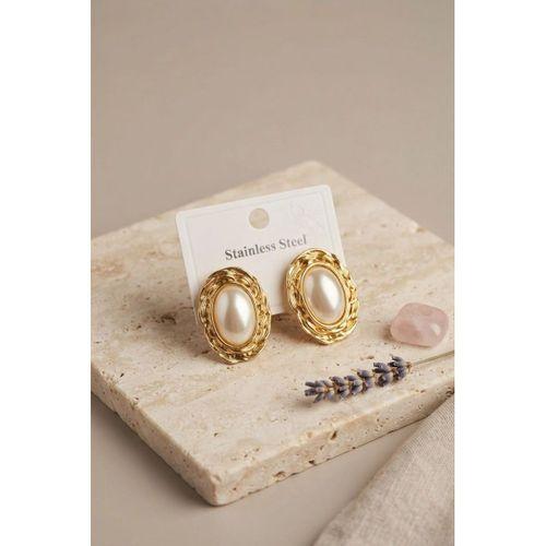 316L Gold Renk Gold Renk Vintage Beyaz İncili Model Küpe