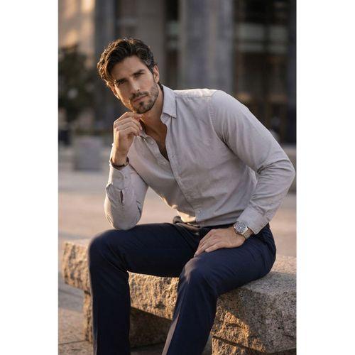 Likralı Regular Fit Nefes Alabilir Klasik Erkek Oxford Gömlek -Taş