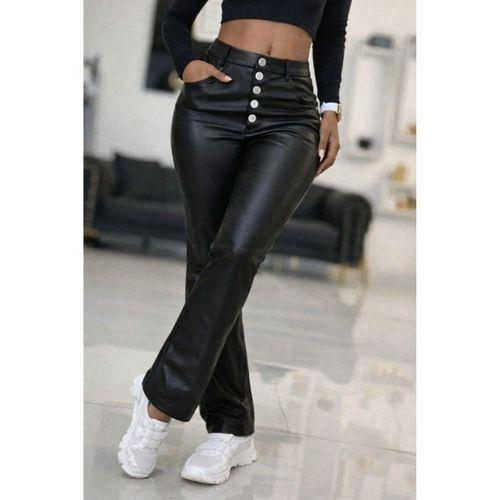 Kadın Yüksek Bel önden Düğmeli Deri Pantolon