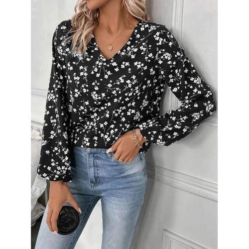 Kadın Uzun Kollu V Yakalı çiçek Desenli Modal Bluz