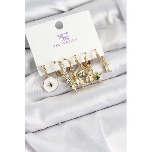 Pirinç Zİrkon Taşlı Kelebek ve Yıldız Model Gold Renk 3'lü Çift Kadın Küpe
