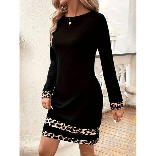 Kadın Uzun Kollu Bisiklet Yaka şerit Leopar Desenli Kısa Dalgıç Elbise