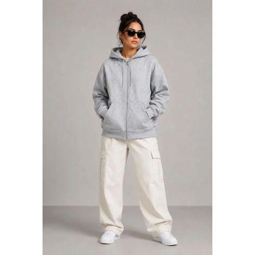 3 İplik Şardonlu Tam Fermuarlı Kapüşonlu Arka Çanta Detaylı Sweatshirt - Gri