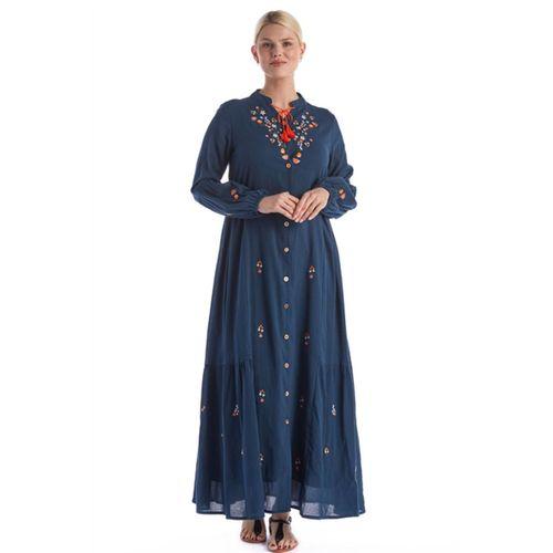 Uzun Kol Petrol Nakışlı Püskül Bağcıklı Hakim Yaka Yazlık Şile Bezi Uzun Elbise