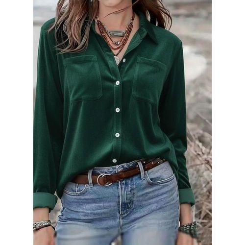 Kadın Uzun Kollu Yakalı önden Düğmeli Cep Detaylı Kadife Gömlek