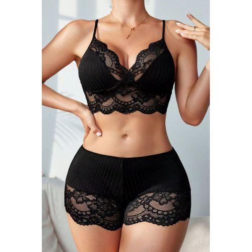 Kadın Siyah Kaşkorse Ve Dantel Detaylı Şortlu Gecelik Takım