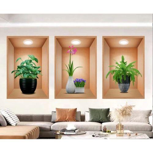 Eğitici Oyuncak 3D Çiçek Vazo Duvar Sticker 3 lü Set Kahverengi Fon