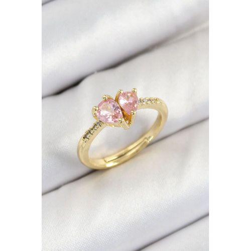 Pirinç Zirkon Taşlı Pembe Kalp Model Gold Renk Kadın Yüzük