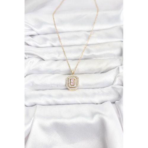 316L Çelik Zincir Gold Renk Plaka Model Zirkon Taşlı Kadın Kolye