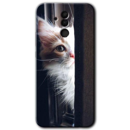 MRCİLETİSİM Huawei Mate 20 Lite Kılıf Baskılı Kapak - Kedi Bakışı + 5D Tam Kaplayan Cam