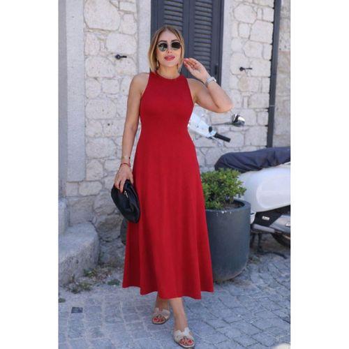 Kadın Omuzlardan Açık Arkadan Toka Detaylı Yırtmaçlı Uzun Viskon Elbise