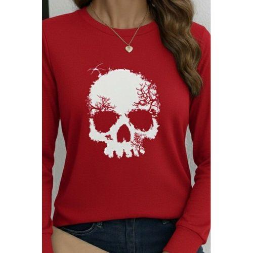 Kadın Uzun Kollu Bisiklet Yaka Kurukafa Desenli Viskon Bluz