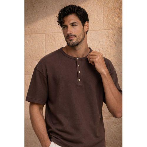 Roth Relaxed Fit Günlük Henley Yaka Waffle Kumaş Yazlık Kısa Kollu T-Shirt - Vizon