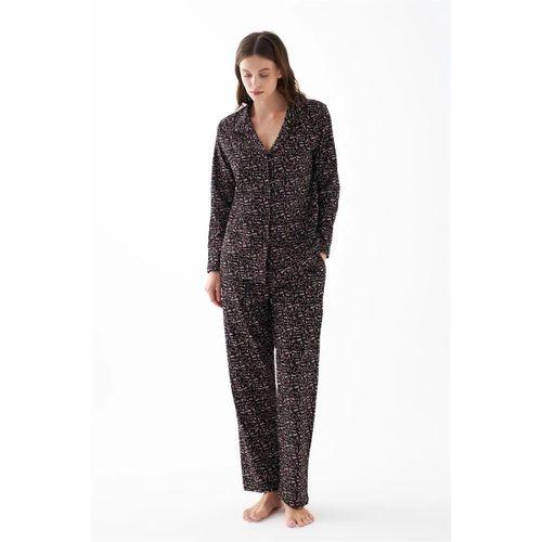 Kadın Siyah Düğmeli Kalp Desenli Pamuklu Pijama Takımı