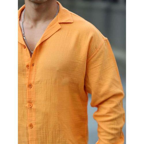 Apaş Yaka Oversize Müslin Kumaş Gömlek - Sarı