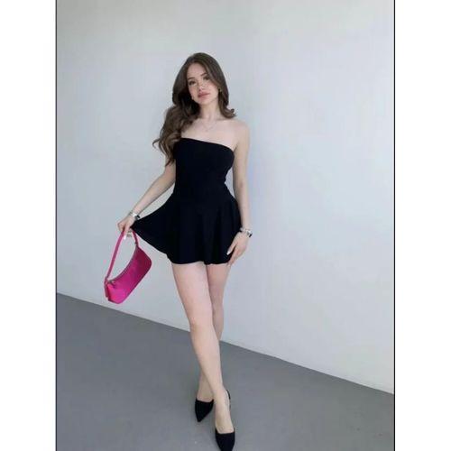 Straplez Mini Etek Görünümlü Şortlu Elbise Büzgülü Şık Yazlık - Siyah