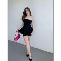 Straplez Mini Etek Görünümlü Şortlu Elbise Büzgülü Şık Yazlık - Siyah