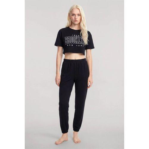 Kadın Siyah Crop T-shirt Pantolon Takım Rahat Günlük Spor Şık İkili Set