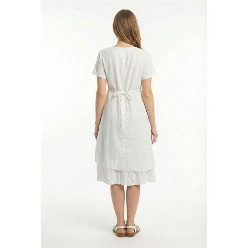 Kısa Kol Nil Vual Diz Boyu Çift Cepli Nakışlı Yazlık Elbise Beyaz Byz