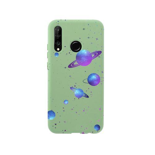 Huawei P30 Lite Galaxy and Stars Premium Silikonlu Yeşil Telefon Kılıfı