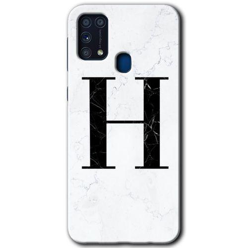 Samsung Galaxy M31 Kılıf HD Desen Baskılı Arka Kapak + Temperli Cam - Beyaz Mermer Desenli H Harfi