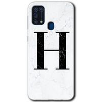 Samsung Galaxy M31 Kılıf HD Desen Baskılı Arka Kapak + Temperli Cam - Beyaz Mermer Desenli H Harfi