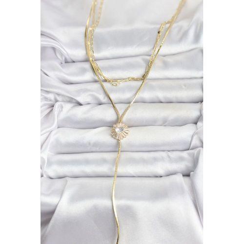 Pirinç Gold Renk Zirkon Taşlı Papatya Model Detaylı 3'lü Kombin Y Kadın Kolye