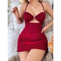 Kadın Bordo Aksesuar Detaylı Boyundan Bağlamalı Şık Elbise Gecelik