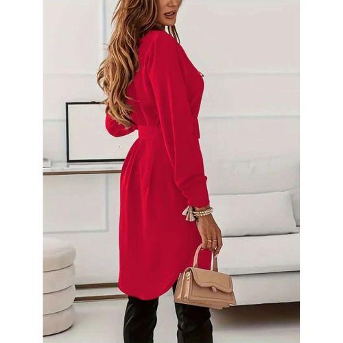 Kadın Uzun Kollu Yakalı Belden Kemerli Kıs Ithal Krep Elbise