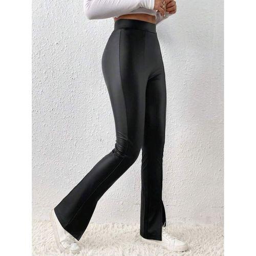 Kadın Yüksek Bel önden Yırtmaçlı Deri Tayt