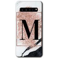 Potkal Hediye Fabrikası Samsung Galaxy S10 Plus Kılıf HD Desen Baskılı Arka Kapak - Pembe Mermer Desenli M Harfi