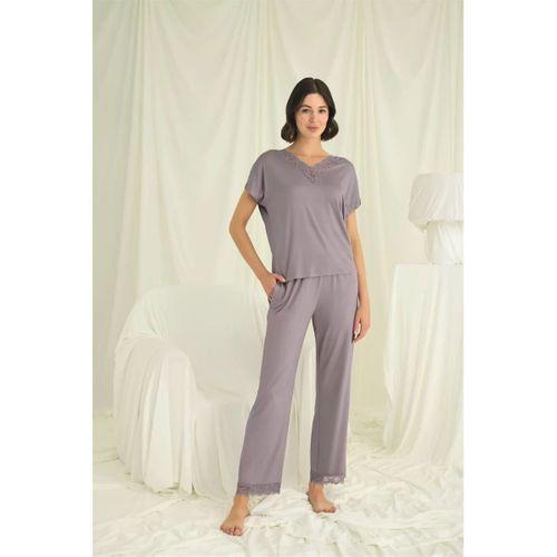 Kısa Kollu V Yakalı Dantelli Pijama Takımı